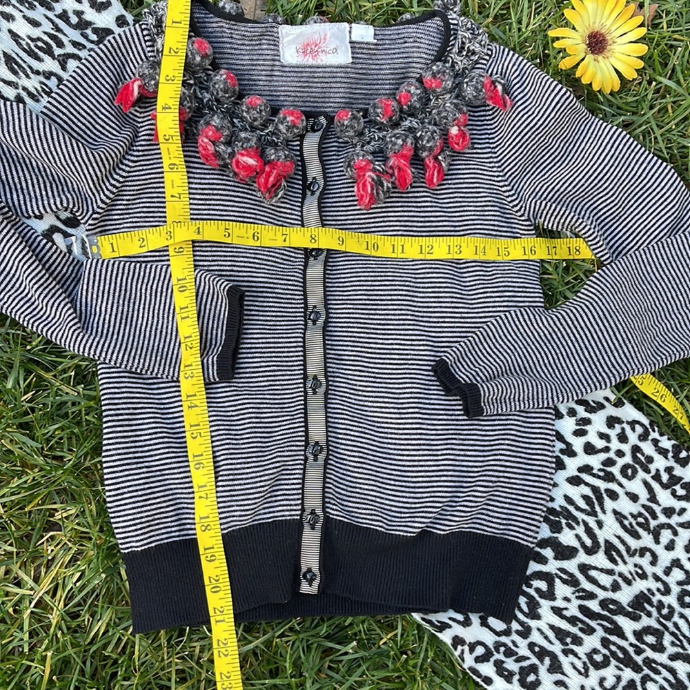 ❤️ ANTHROPOLOGIE; Piled Black/White Stripes w/Pom Poms Cardigan by Karen Nicol S - Picture 12 of 15